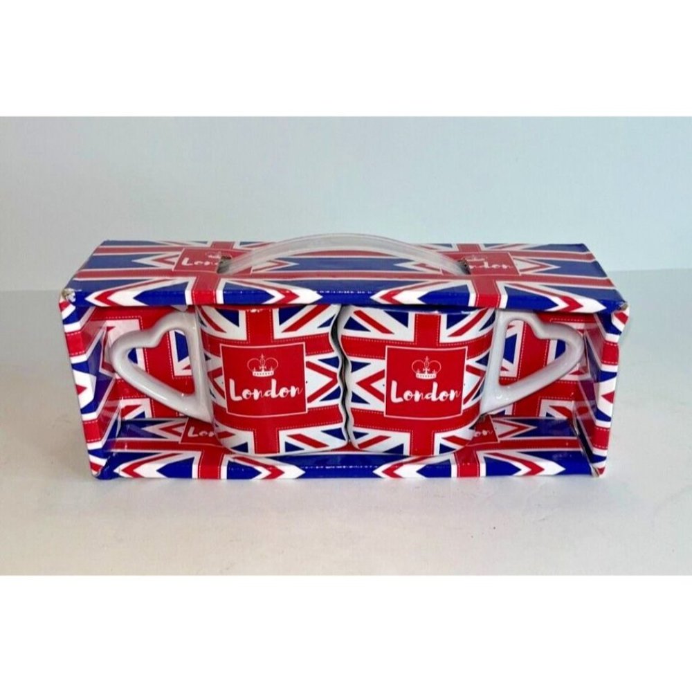 "London" Ceramic Nesting Mugs 10oz Heart Handle United Kingdom Flag Set of 2 New
